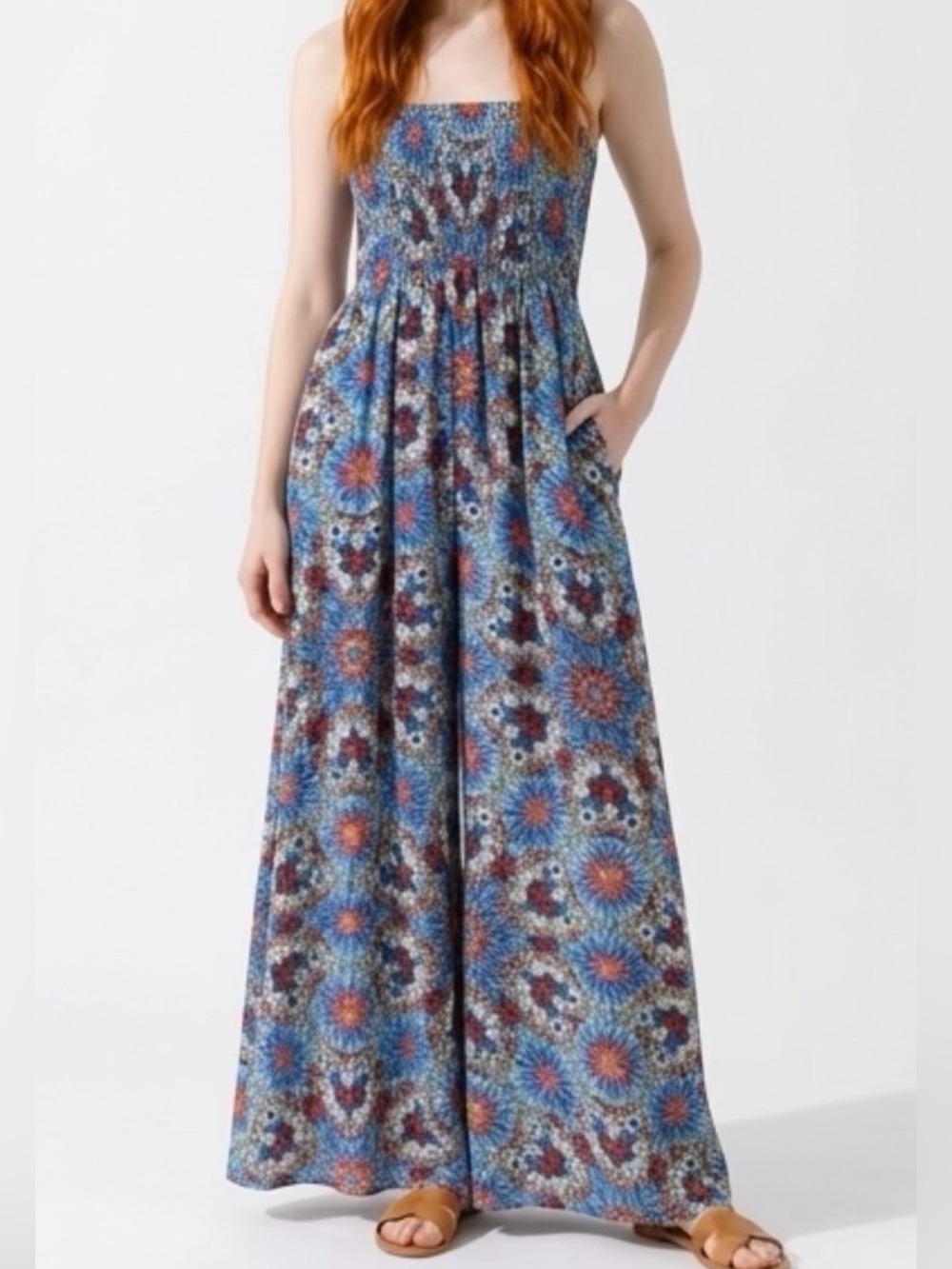 Sans Souci Blue Floral Strapless Maxi Dress with Multicolor Medallion Print